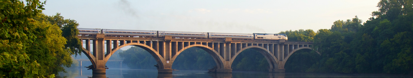 Photo of an Amtrak train crossing the CSX A-Line Bridge over the James River in Richmond Virginia
