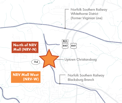 Map of potential site alternatives for New River Valley passenger rail stop