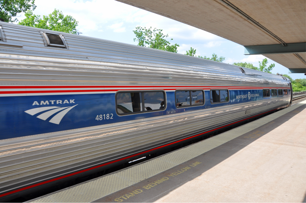Close up image of the side of an Amtrak train