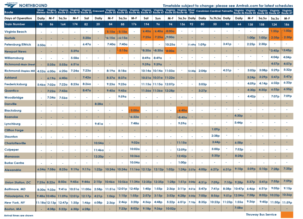 Virginia Amtrak train schedule time table - Northbound