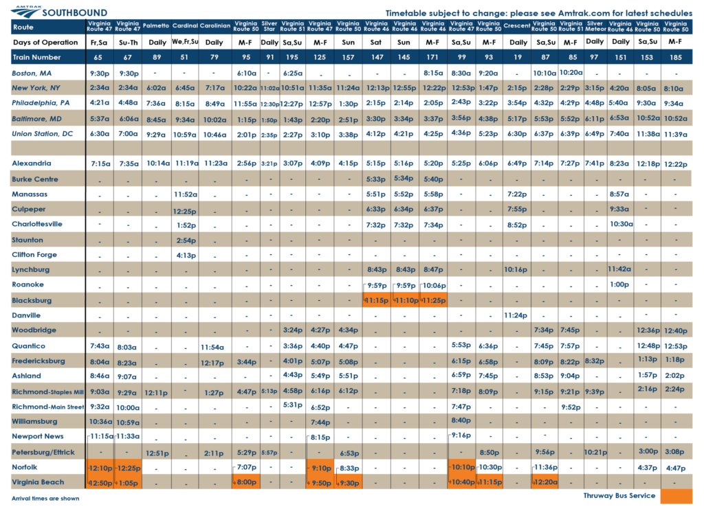 Virginia Amtrak train schedule time table - Southbound