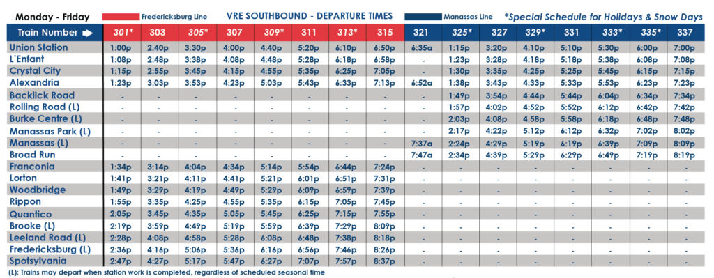 Virginia Railway Express schedule time table - Northbound