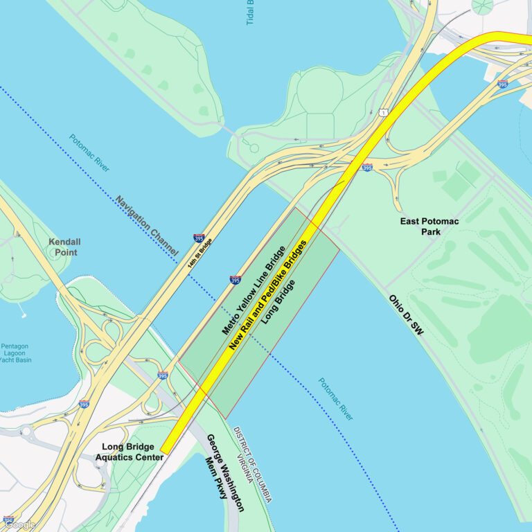 Map showing the Potomac River area, highlighting the Long Bridge, nearby parks, and major roadways.