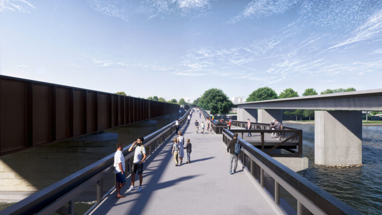 Rendering of bike-pedestrian bridge between new rail bridge and Metro Yellow Line bridge