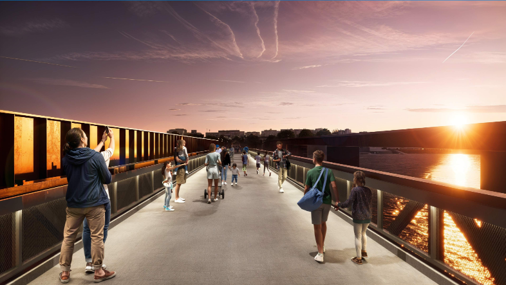 Future bike-pedestrian bridge in the evening